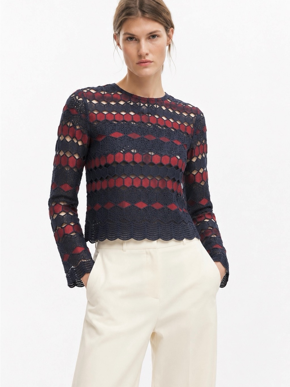 Sandro NWT Navy and Burgundy Crochet Lace Long Sleeve Top Size 2